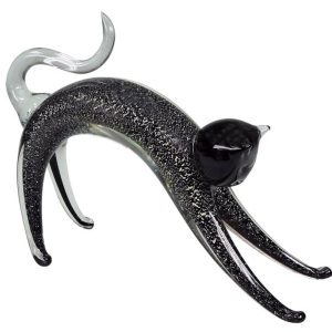 Rikaro Handmade Glass Cat Sculpture – elegant, hand-blown art glass cat figurine with curved design and reflective finish.